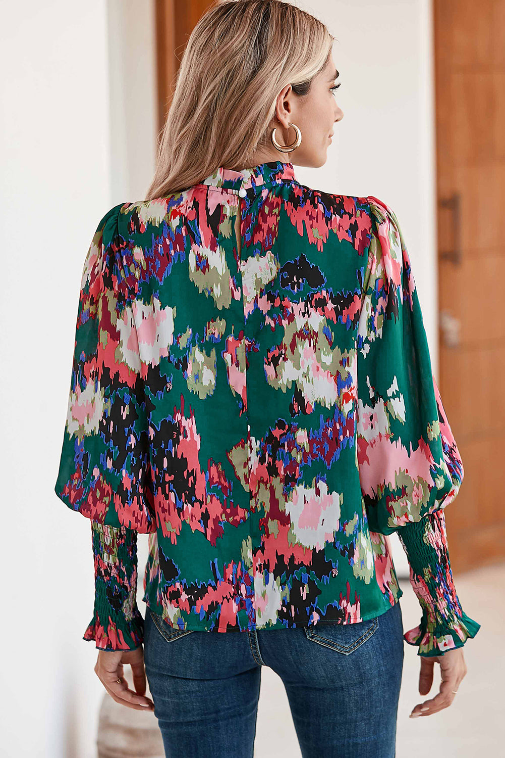 Green Abstract Print Frilled Neck Shirred Cuffs Blouse
