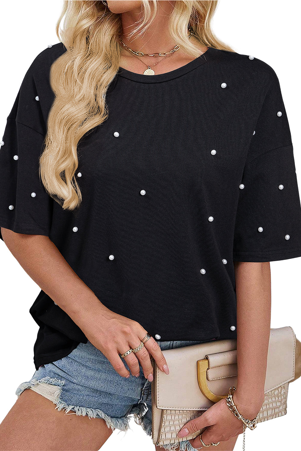Black Pearl Beaded  Drop Shoulder Crewneck T Shirt