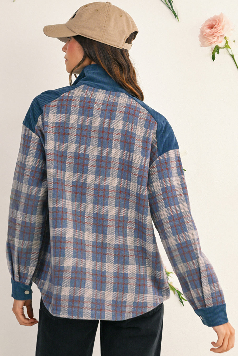 Gray Plaid Corduroy Patchwork Collared Zip Up Snap Button Jacket