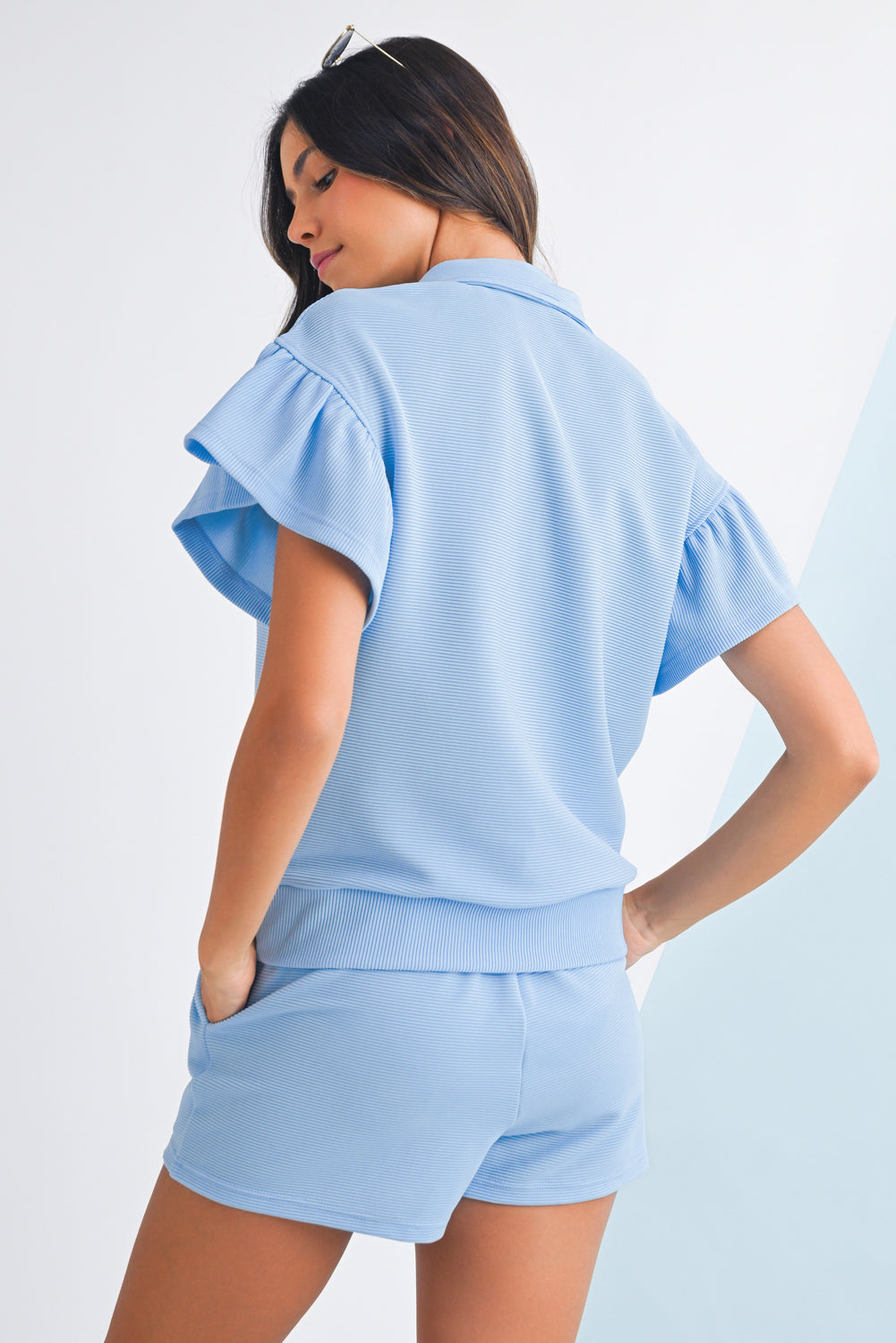 Beau Blue Solid Ribbed Short Sleeve Tee and Shorts Set