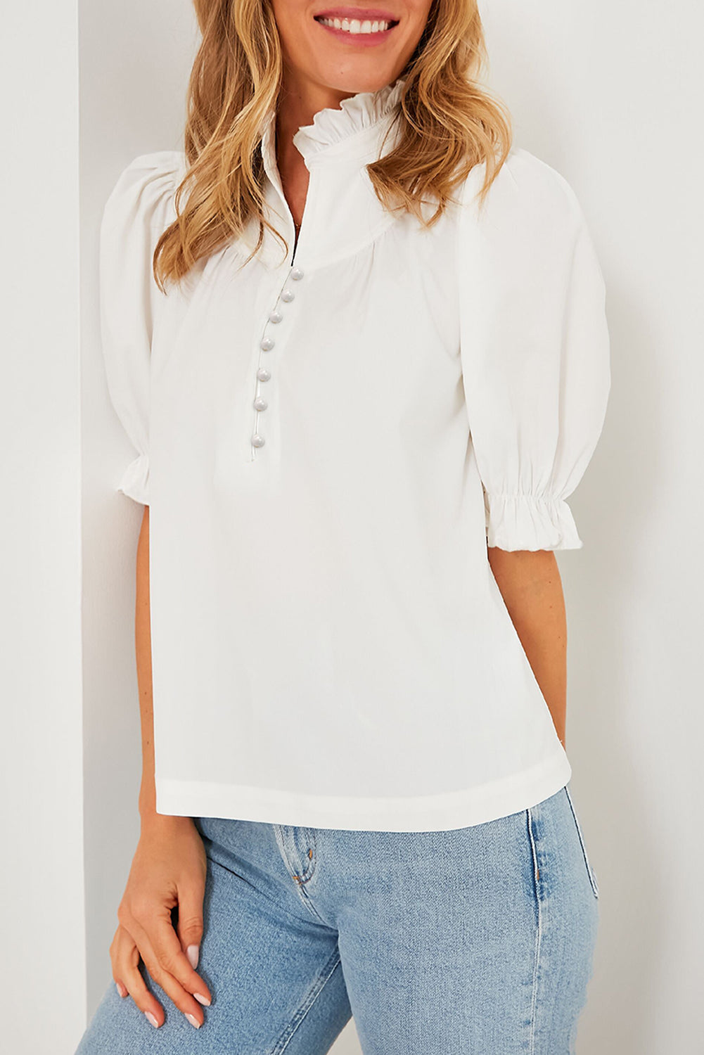 White Solid Color Frill Trim Puff Sleeve Blouse