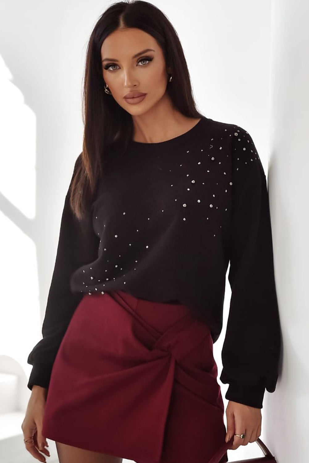 Black Studded Embellished Drop Shoulder Ribbed Cuffs Sweatshirt