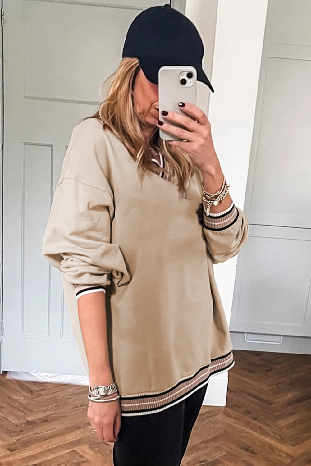 Parchment Varsity Contrast Trim V Neck Sweatshirt