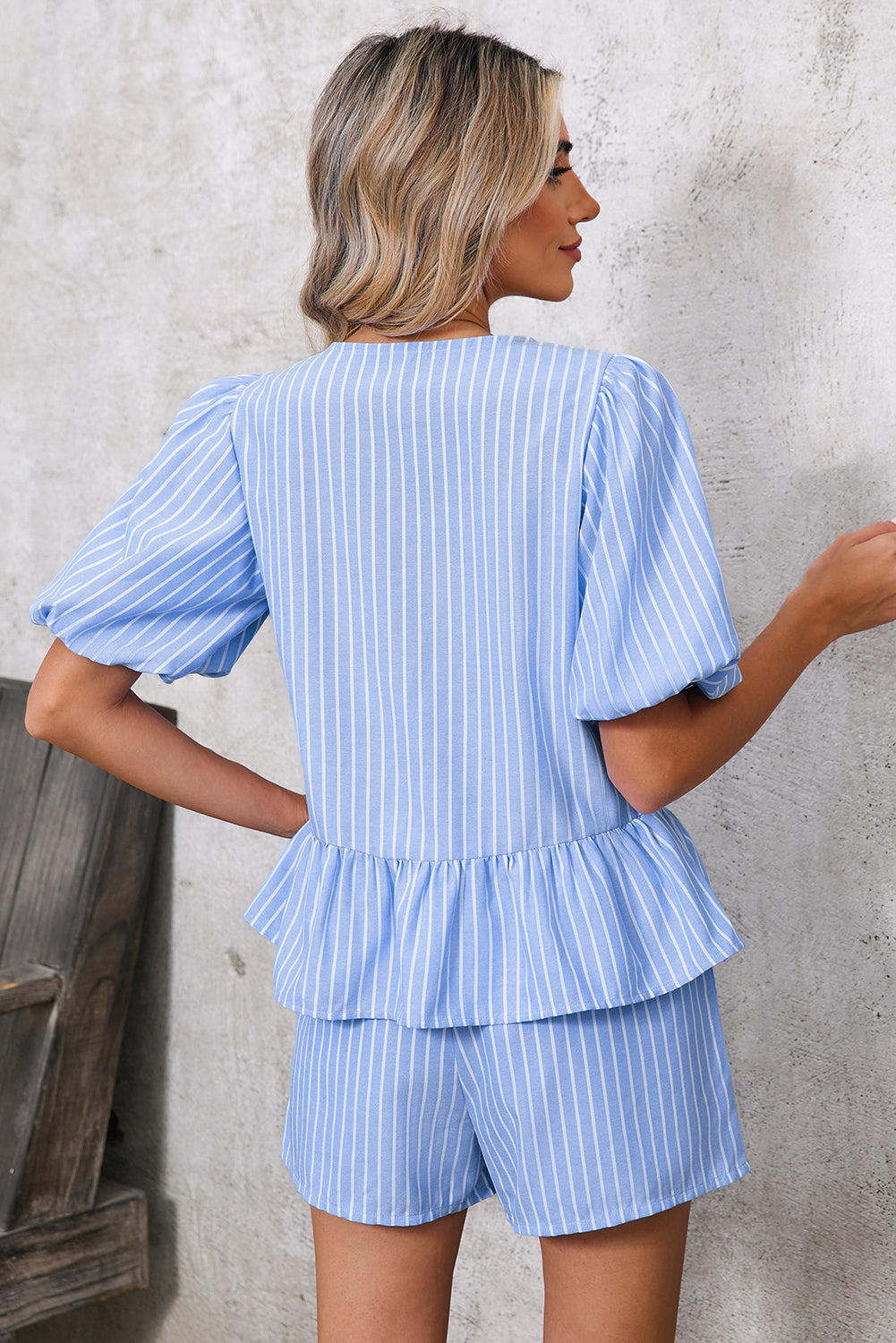 Sky Blue Striped Bow Tie Front Blouse and Drawstring Shorts Set