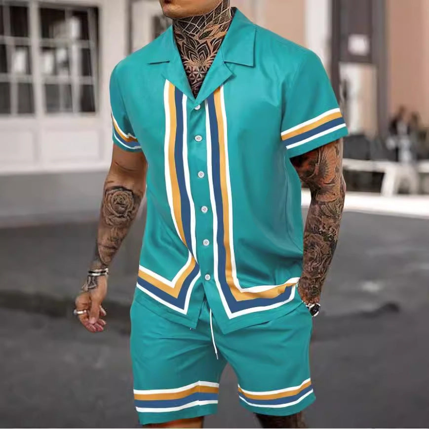 Herren Sommer Set – Elegantes Streifen-Design mit kubanischem Kragen