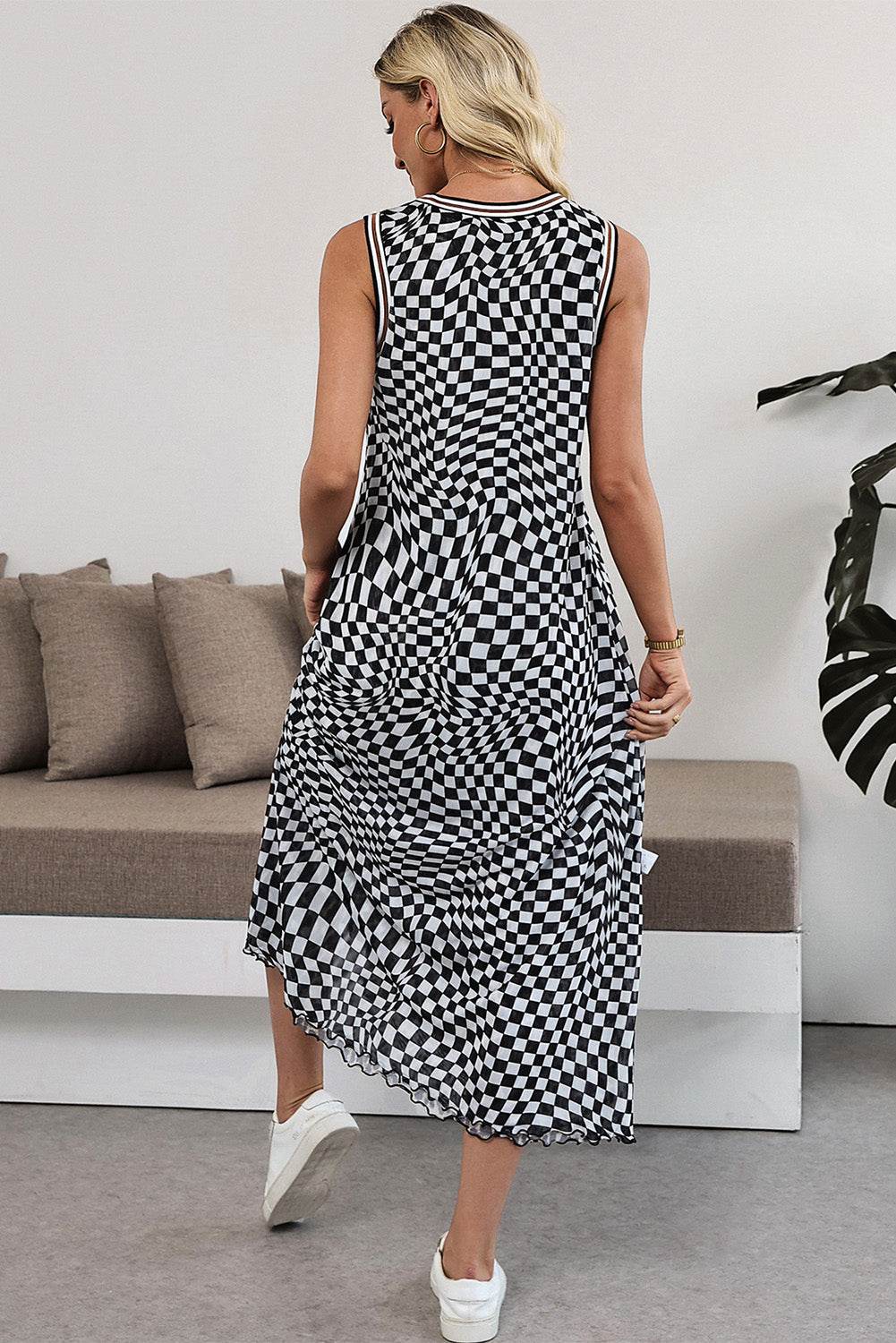 Multicolour Leopard Checkered Reversible Print Sleeveless Dress
