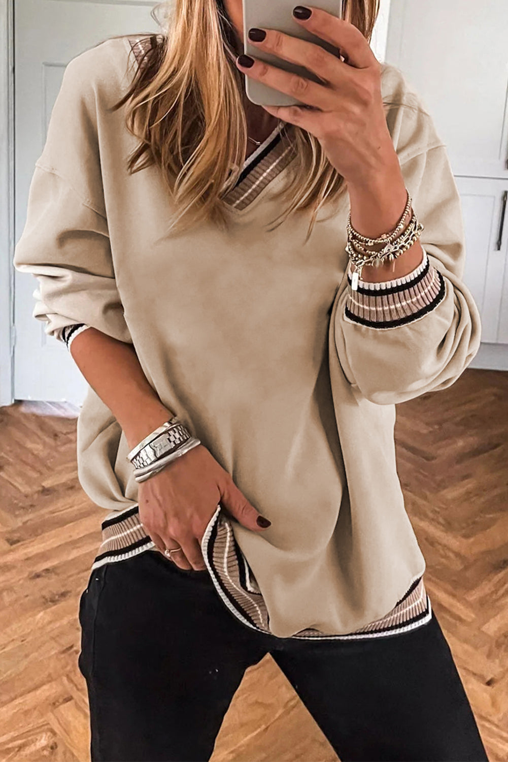 Parchment Varsity Contrast Trim V Neck Sweatshirt