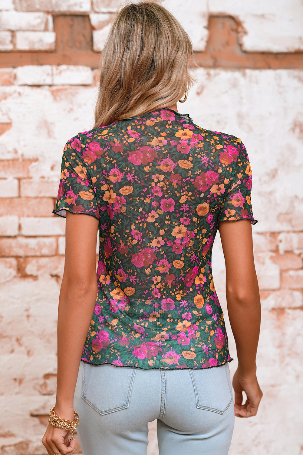 Rose Flower Mesh Stand Neck Short Sleeve Blouse