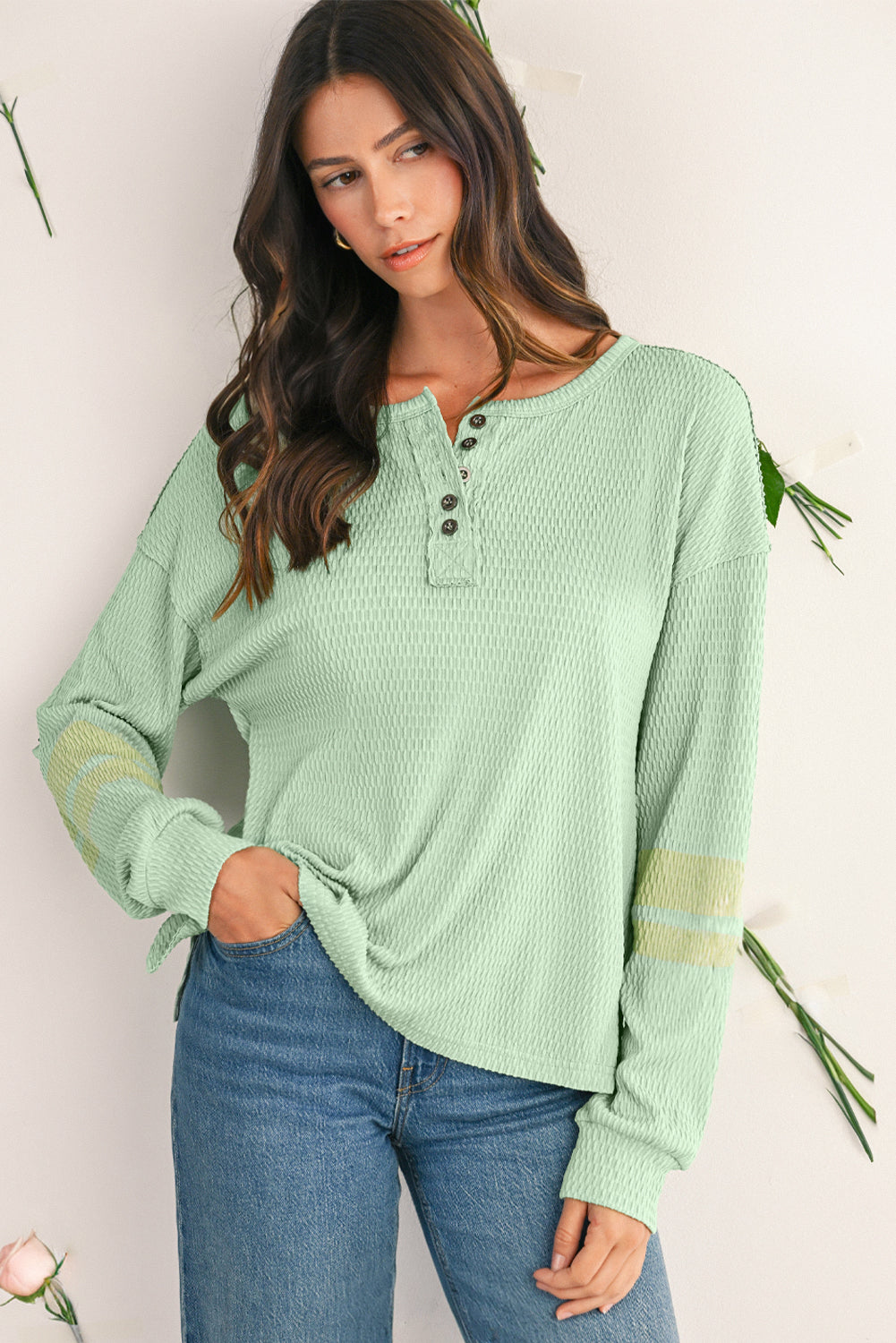 Meadow Mist Green Textured Colorblock Sleeve Henley Sweatshirt