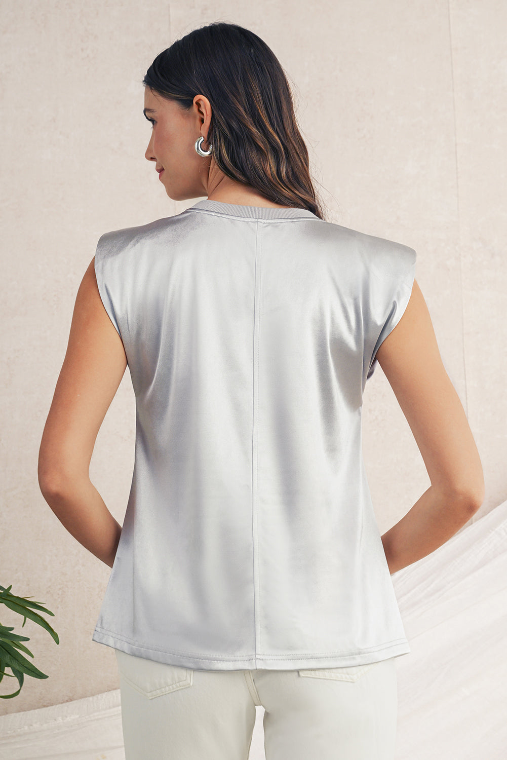 Silvery Solid Sleeveless Round Neck Tee