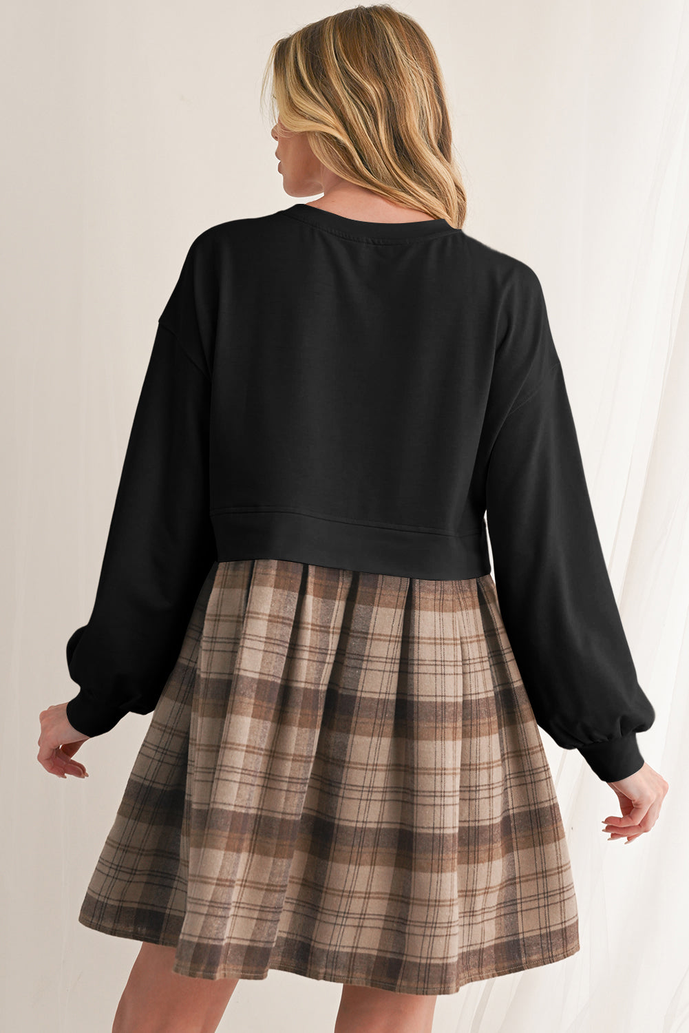 Black Plaid Patchwork High Waist Sweatshirt Mini Dress