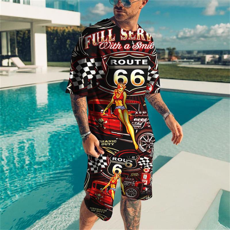 Herren Streetwear Sommer Set – Route 66 Edition mit Retro-Print