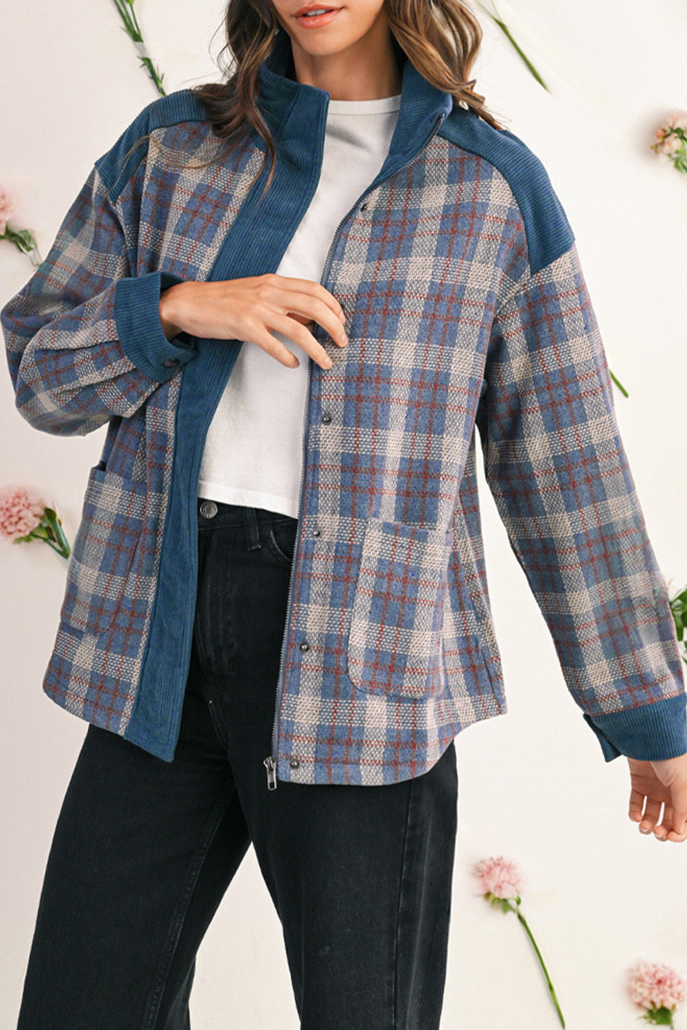 Gray Plaid Corduroy Patchwork Collared Zip Up Snap Button Jacket