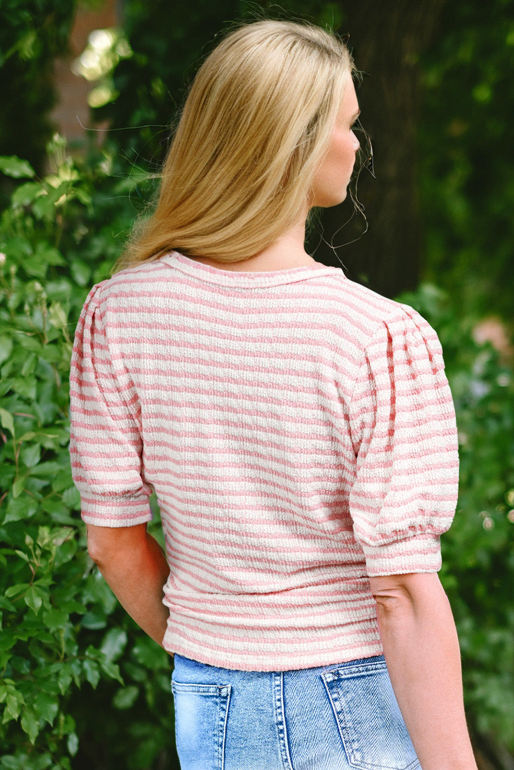 Pink Stripe Textured Puff Sleeve Crewneck Top