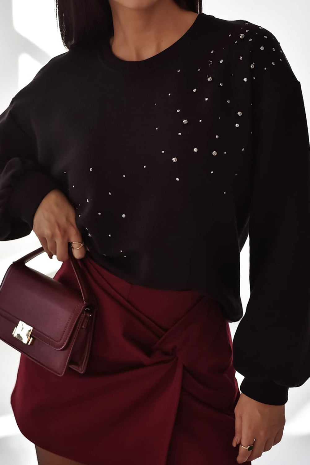 Black Studded Embellished Drop Shoulder Ribbed Cuffs Sweatshirt
