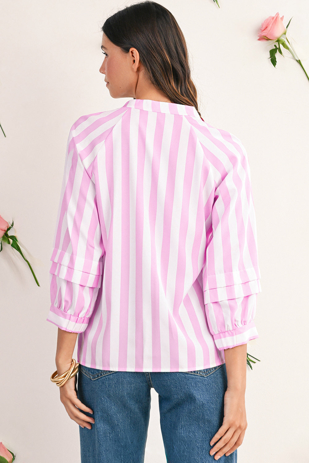 Rose Striped Button V Neck Raglan Sleeve Blouse