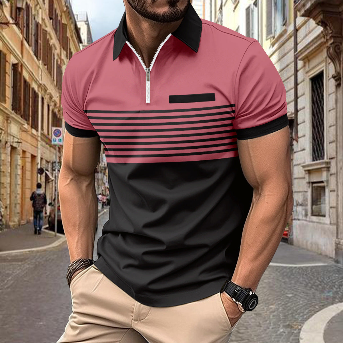 Herren Polo-Shirt ? Rot-Schwarz mit Reißverschluss & Streifen-Design | Sportlich, Elegant & Modern