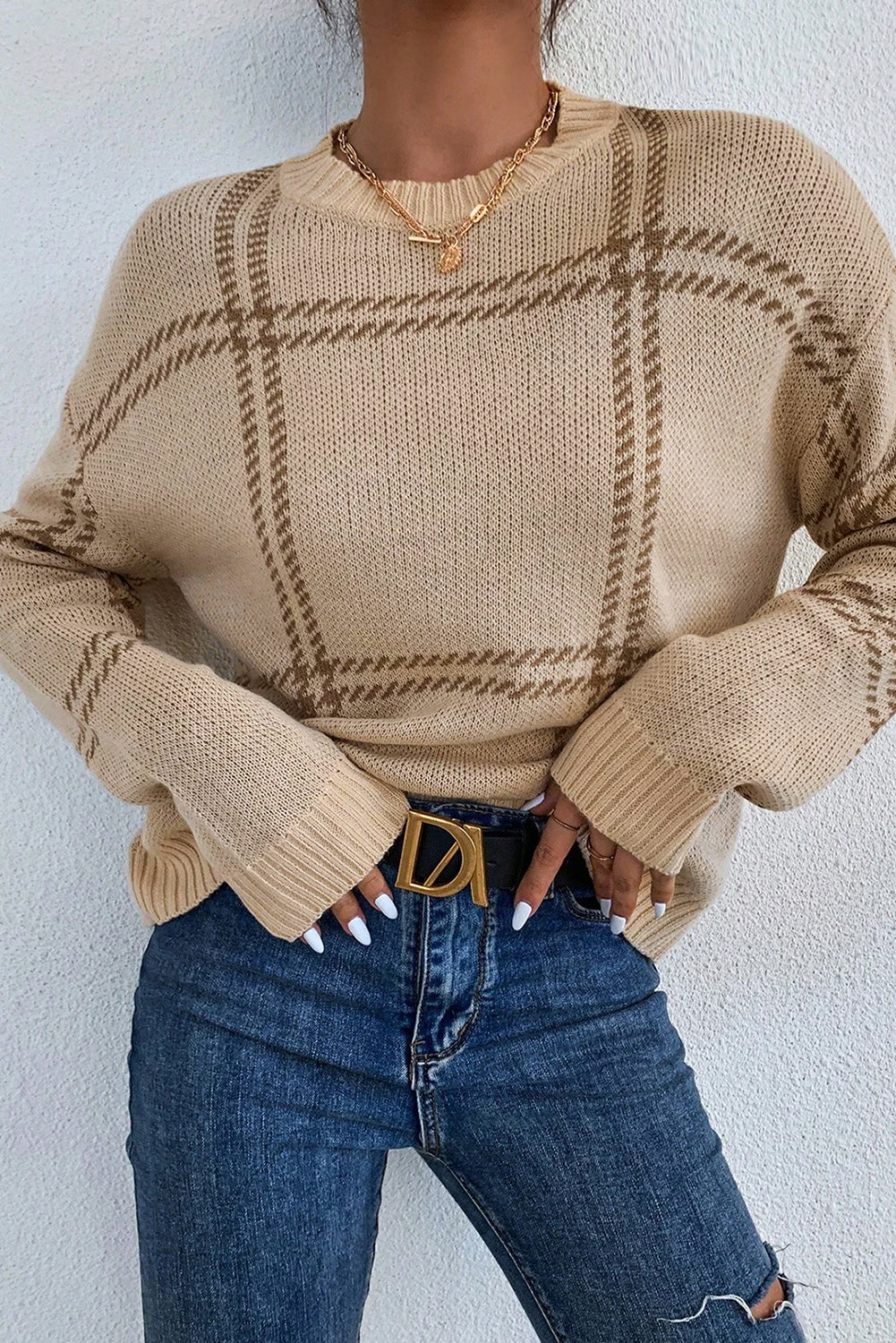 Khaki Plaid Pattern Knitted Drop Shoulder Sweater Q