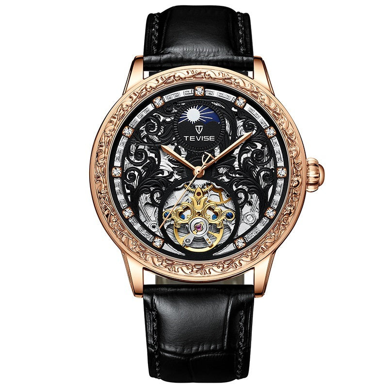 Hanetes Select RoseClassic – Herren-Automatik-Uhr in Roségold mit Lederarmband & Sichtmechanik