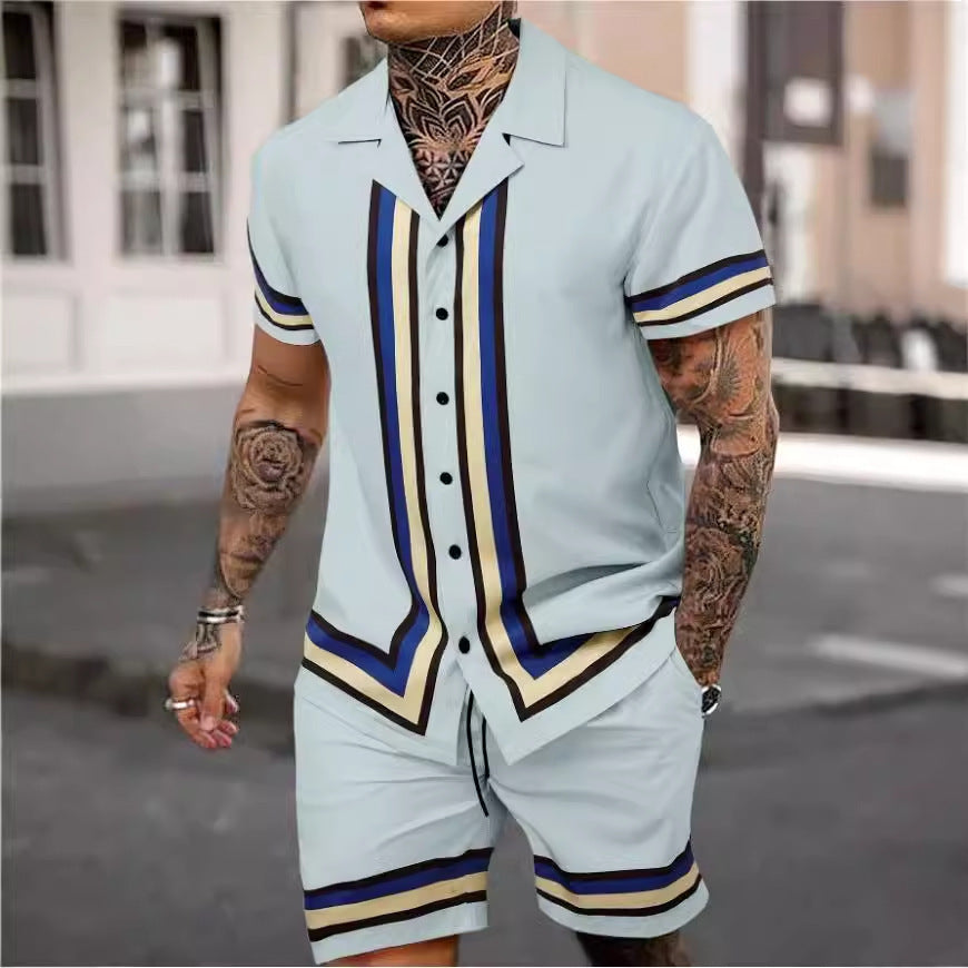 Herren Sommer Set – Elegantes Streifen-Design mit kubanischem Kragen