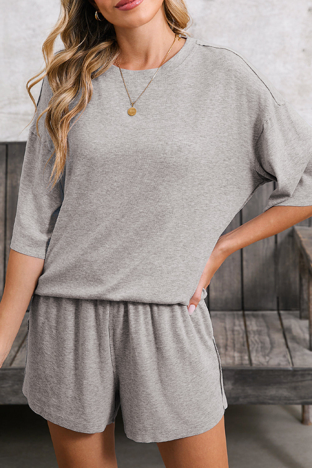 Gray Solid Color Short Sleeve Tee High Waist Shorts Set