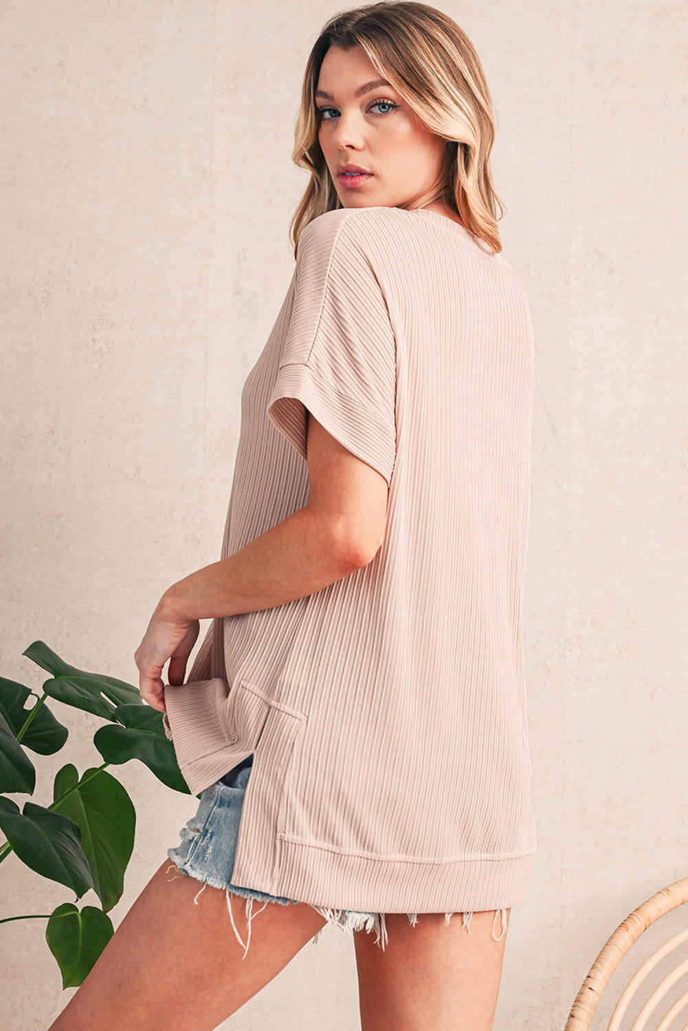 Jet Stream Textured Side Slits Short Sleeve Top