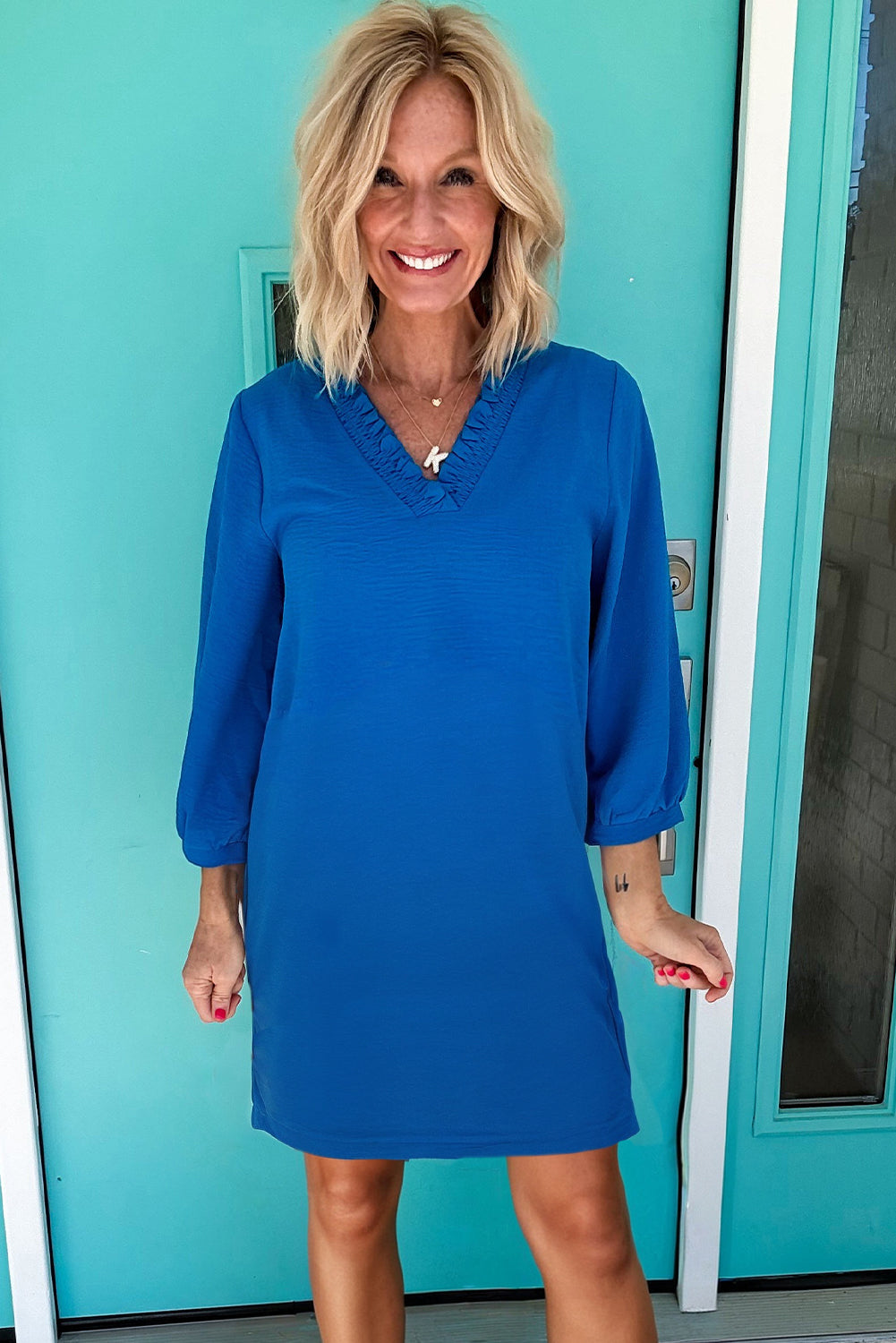 Sky Blue Frill V Neck Bracelet Sleeve Plain Mini Dress