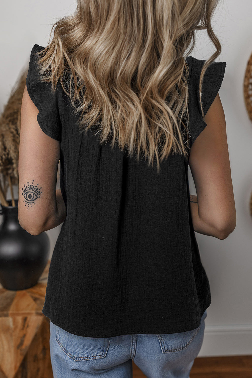 Black Ruffle Shoulder V Neck Sleeveless Top