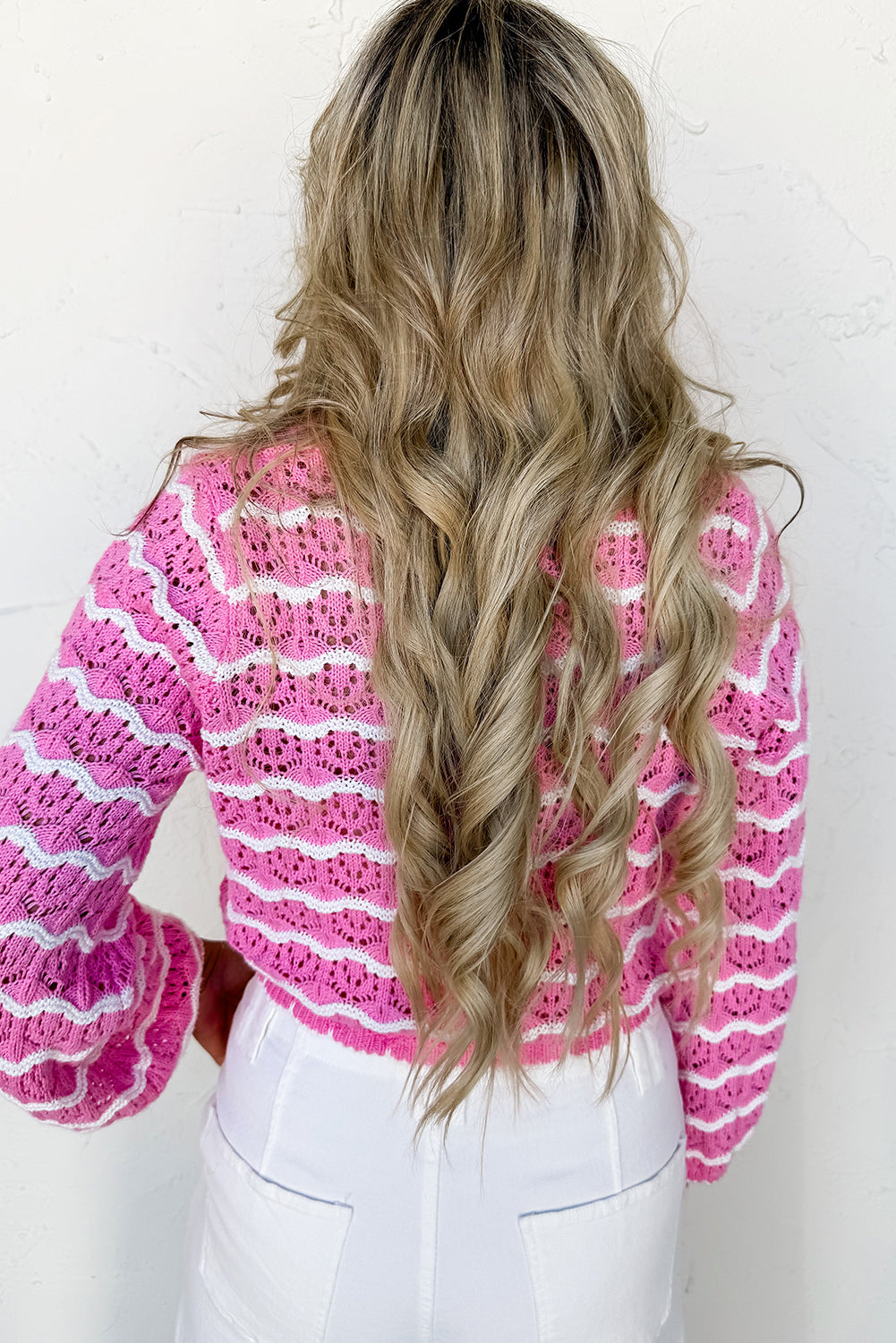 Pink Striped Scalloped Trim Tie Front Cropped Knit Cardigan