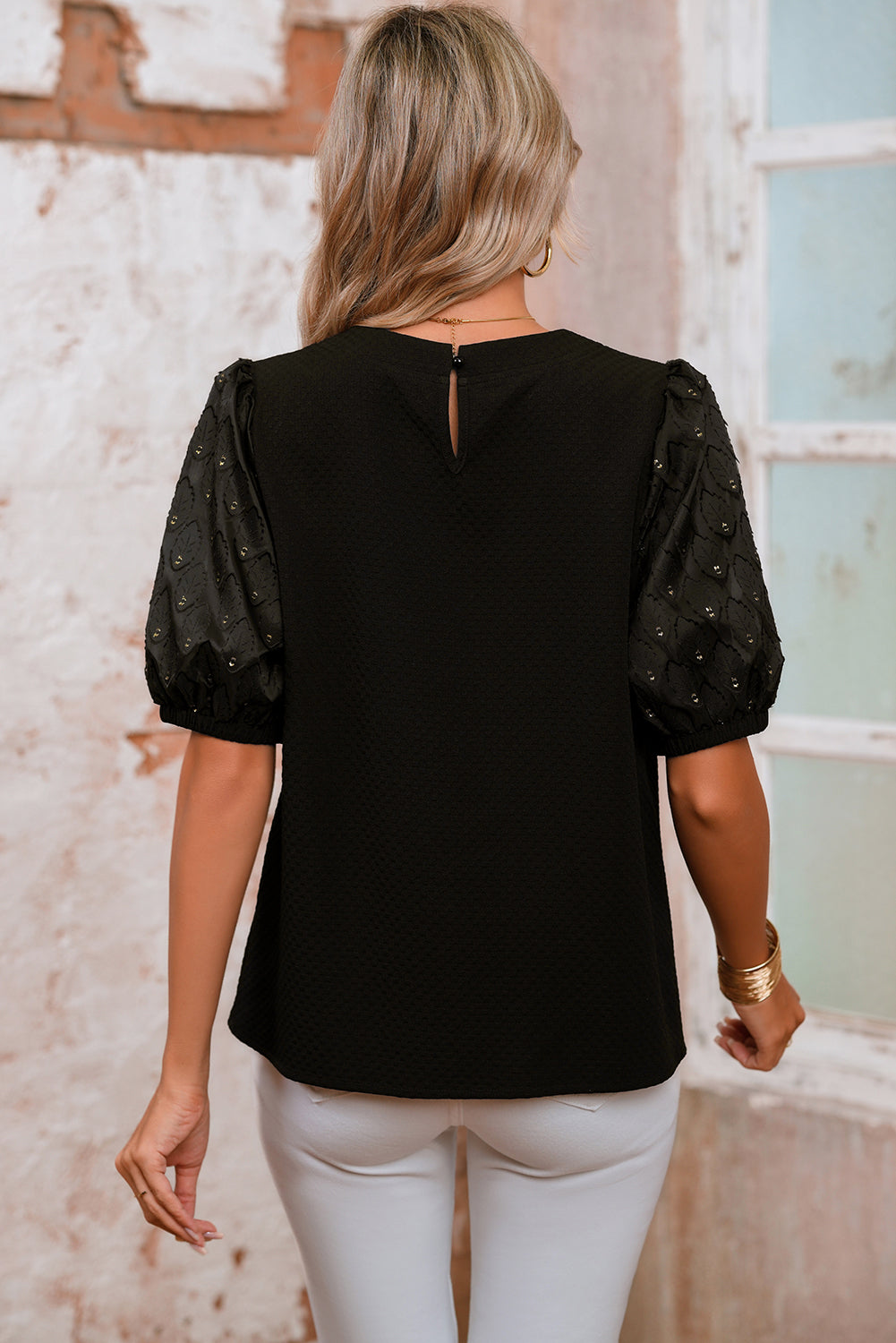 Black Bubble Sleeve Patchwork Textured Top
