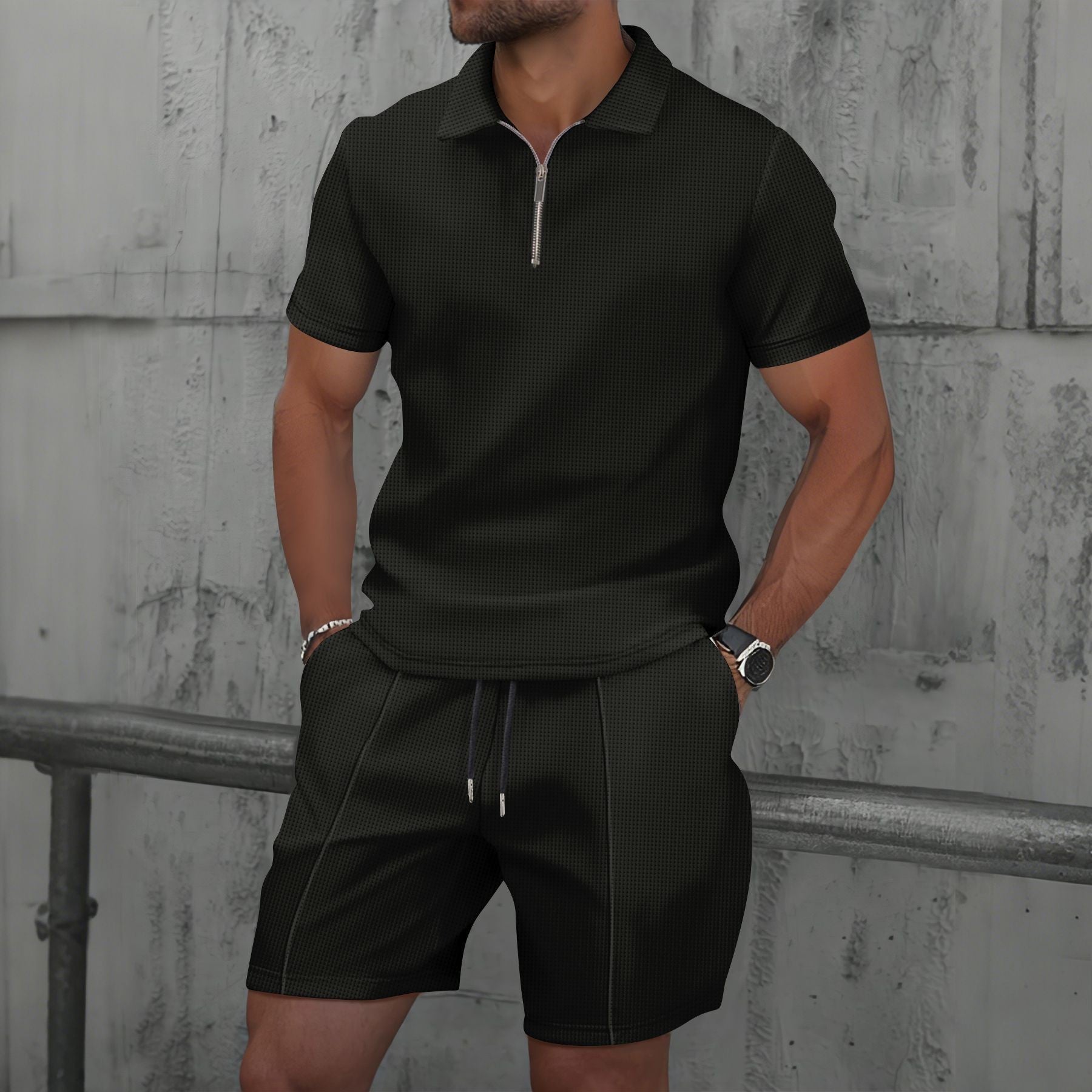Herren Sommer Set – Modern Waffle Edition mit Reißverschluss-Detail