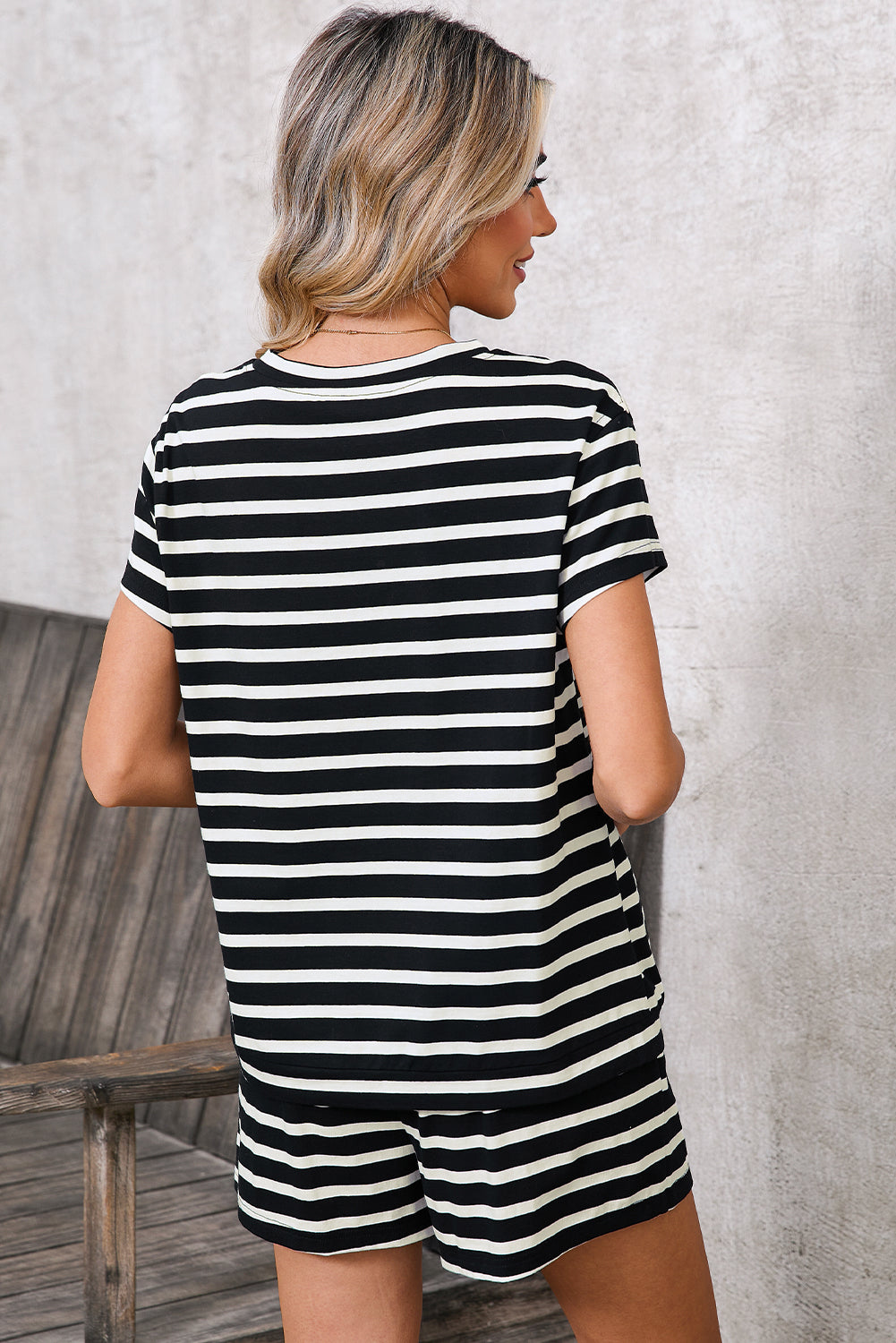 Black White Striped Short Sleeve Tee and Shorts Set