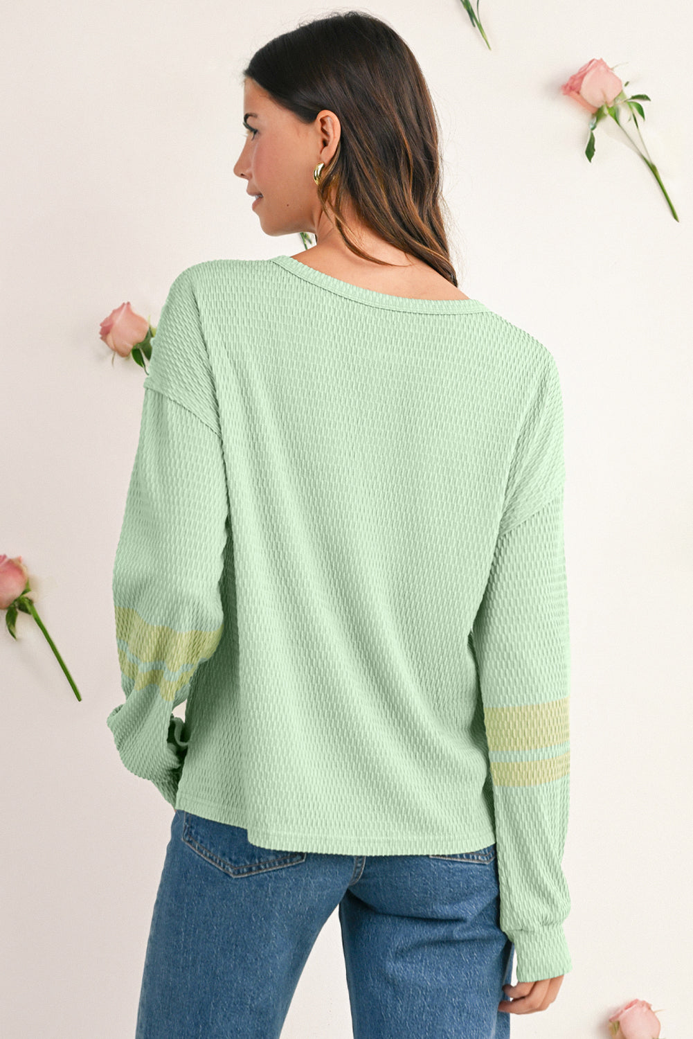 Meadow Mist Green Textured Colorblock Sleeve Henley Sweatshirt