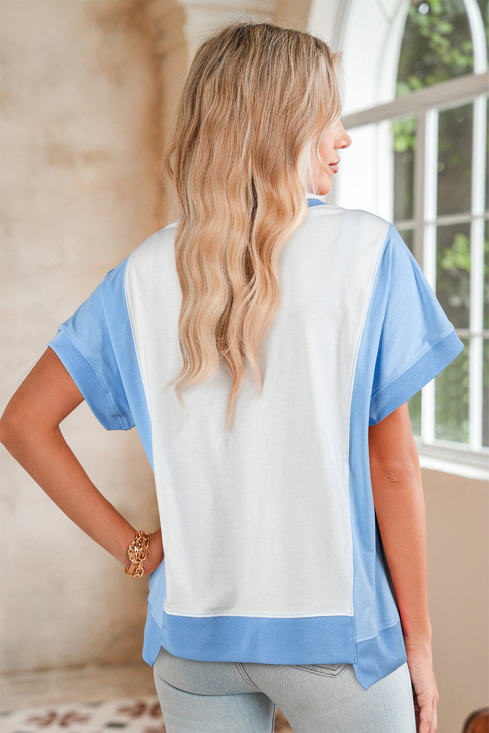 Sky Blue Colorblock Exposed Seam Patchwork Crew Neck T Shirt