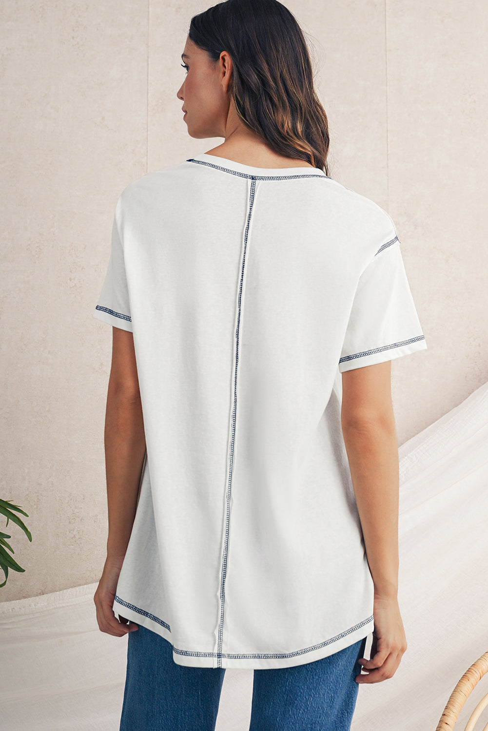 White Loose Casual Stitching Seam T-Shirt