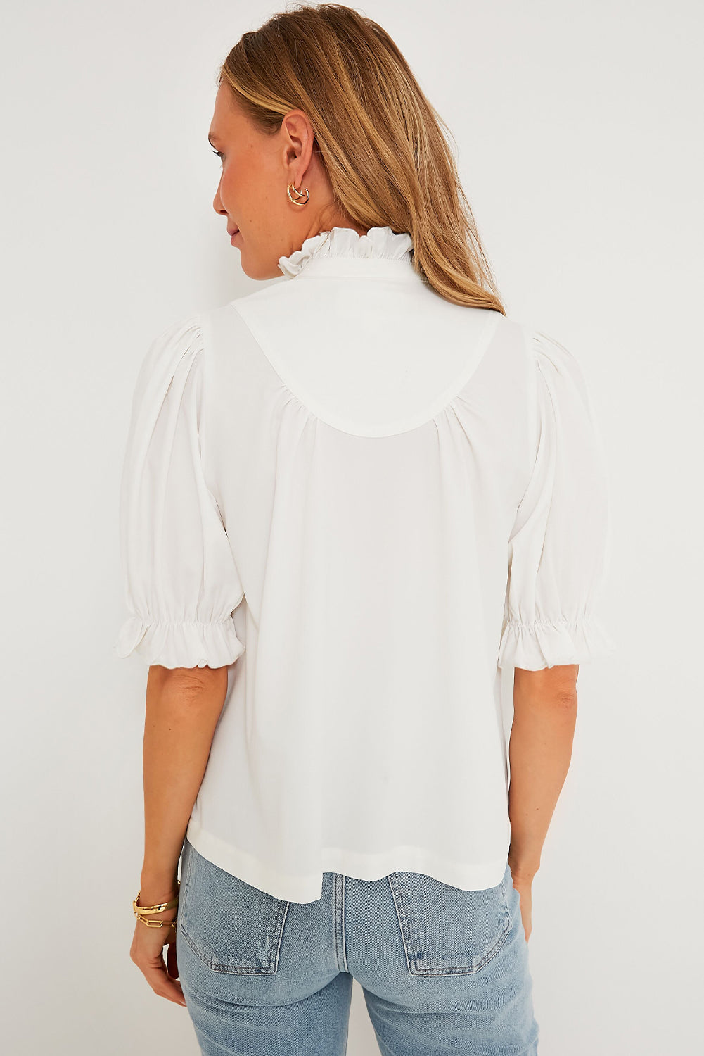 White Solid Color Frill Trim Puff Sleeve Blouse