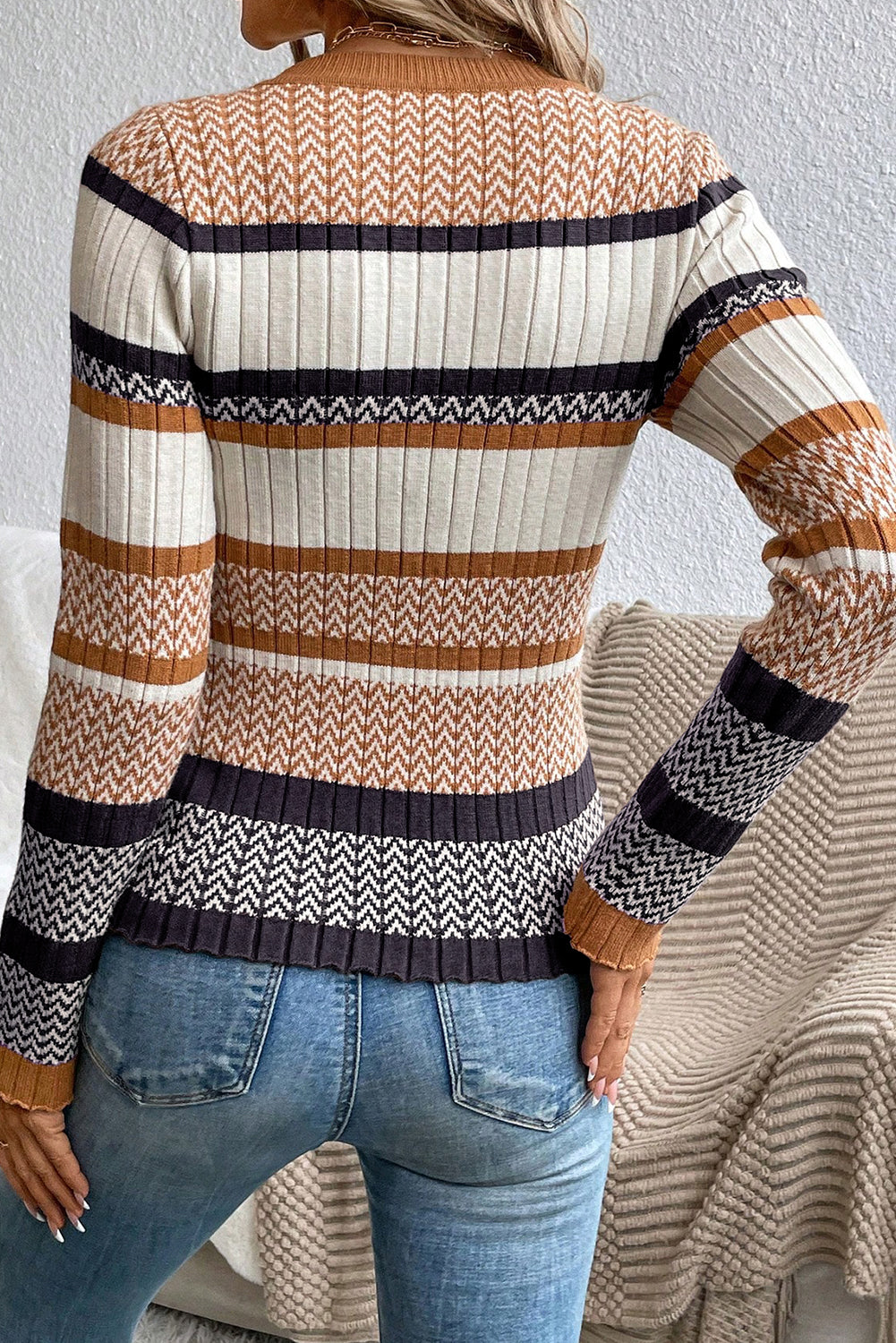 Brown Stripe Chevron Pattern Knitted Ribbed TrimSlim Fit Sweater