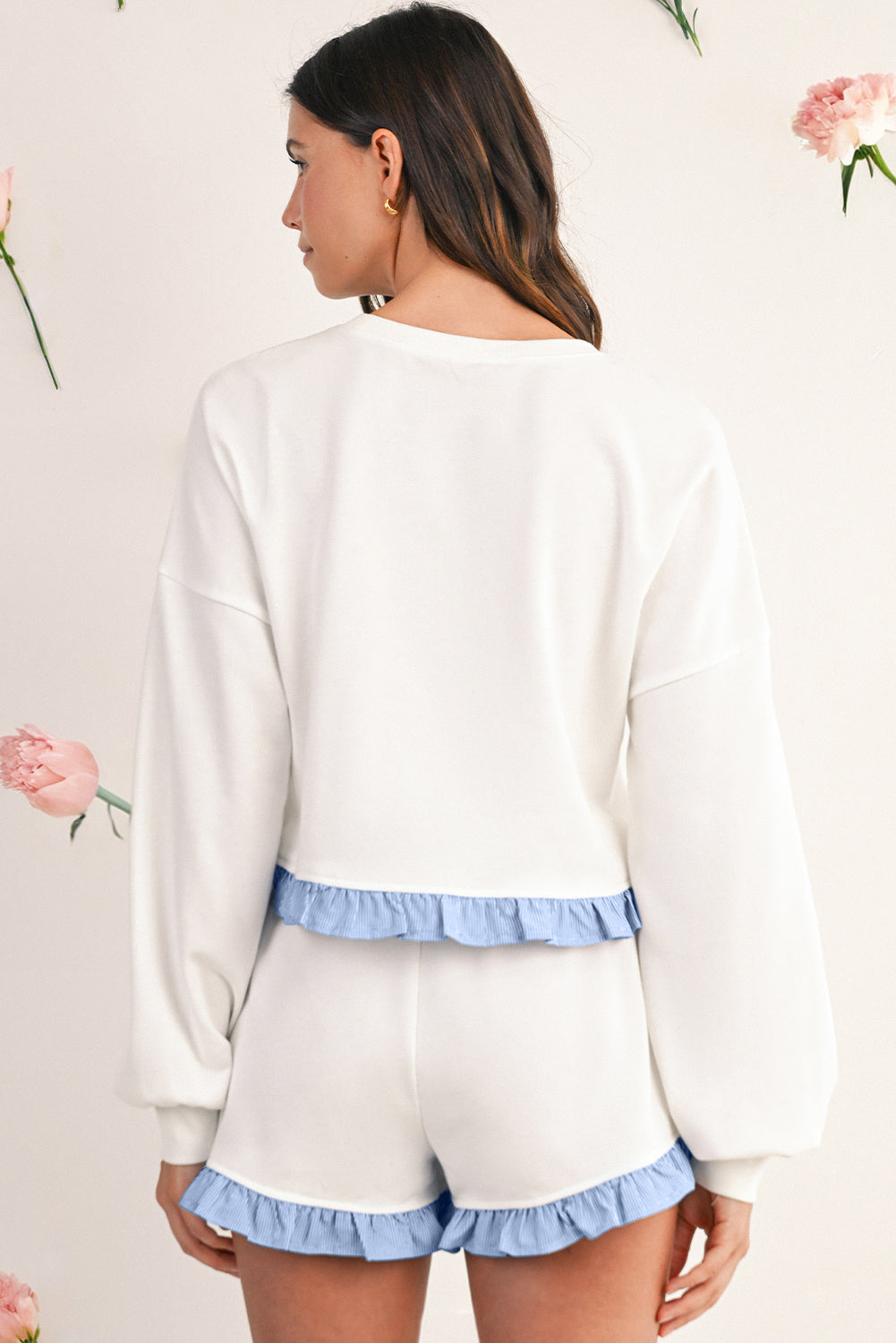 White Striped Ruffle Hem Long Sleeve Pullover and Shorts Set