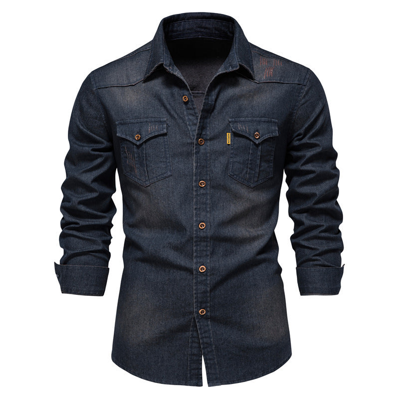 Herren Jeanshemd – Dunkelblau, Robust & Elegant | Denim-Langarmhemd mit Taschen-Design