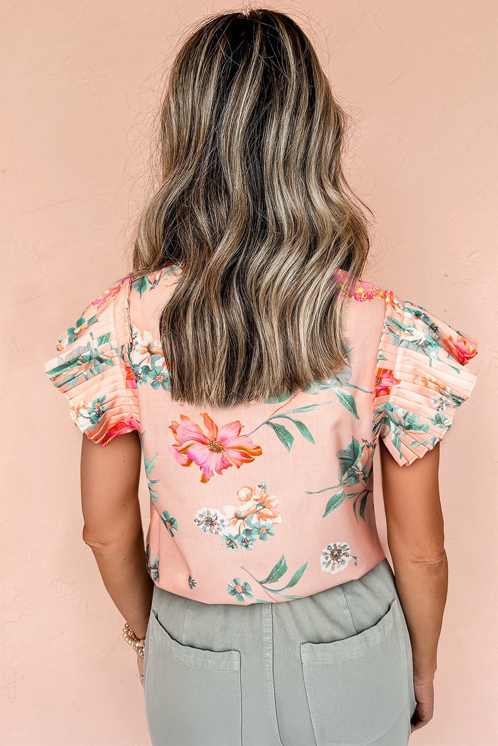 Pink Floral Print Frill V Neck Pleated Sleeve Blouse
