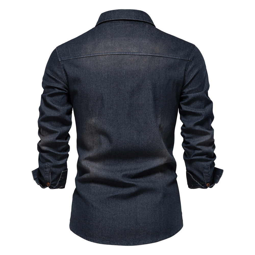 Herren Jeanshemd – Dunkelblau, Robust & Elegant | Denim-Langarmhemd mit Taschen-Design