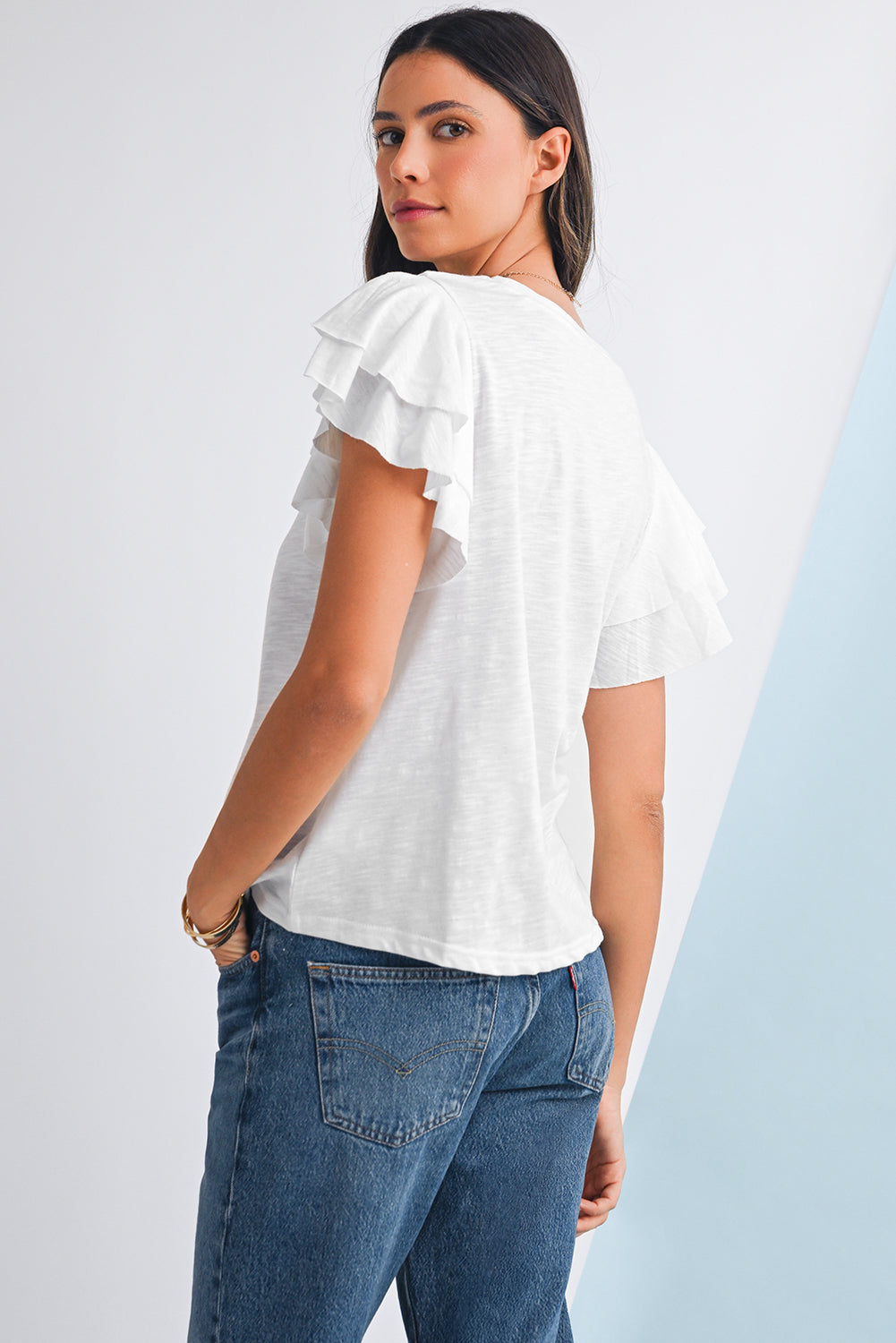 White Ruffle Sleeve Plain Blouse