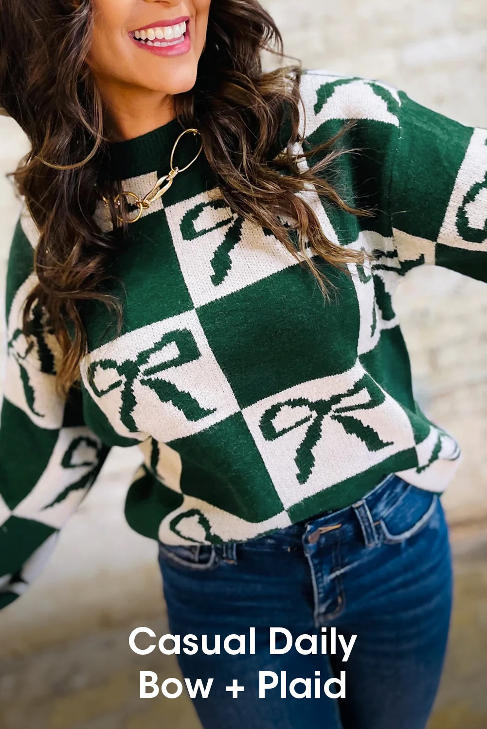 Blackish Green Bow Print Checkered Knit Sweater