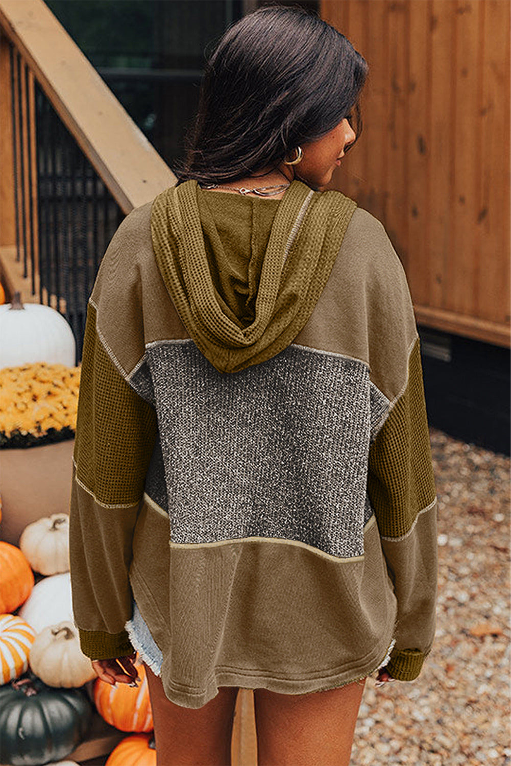 Jungle Green Mixed Texture Patchwork Exposed Seam Half Button Hooded Sweatshirt