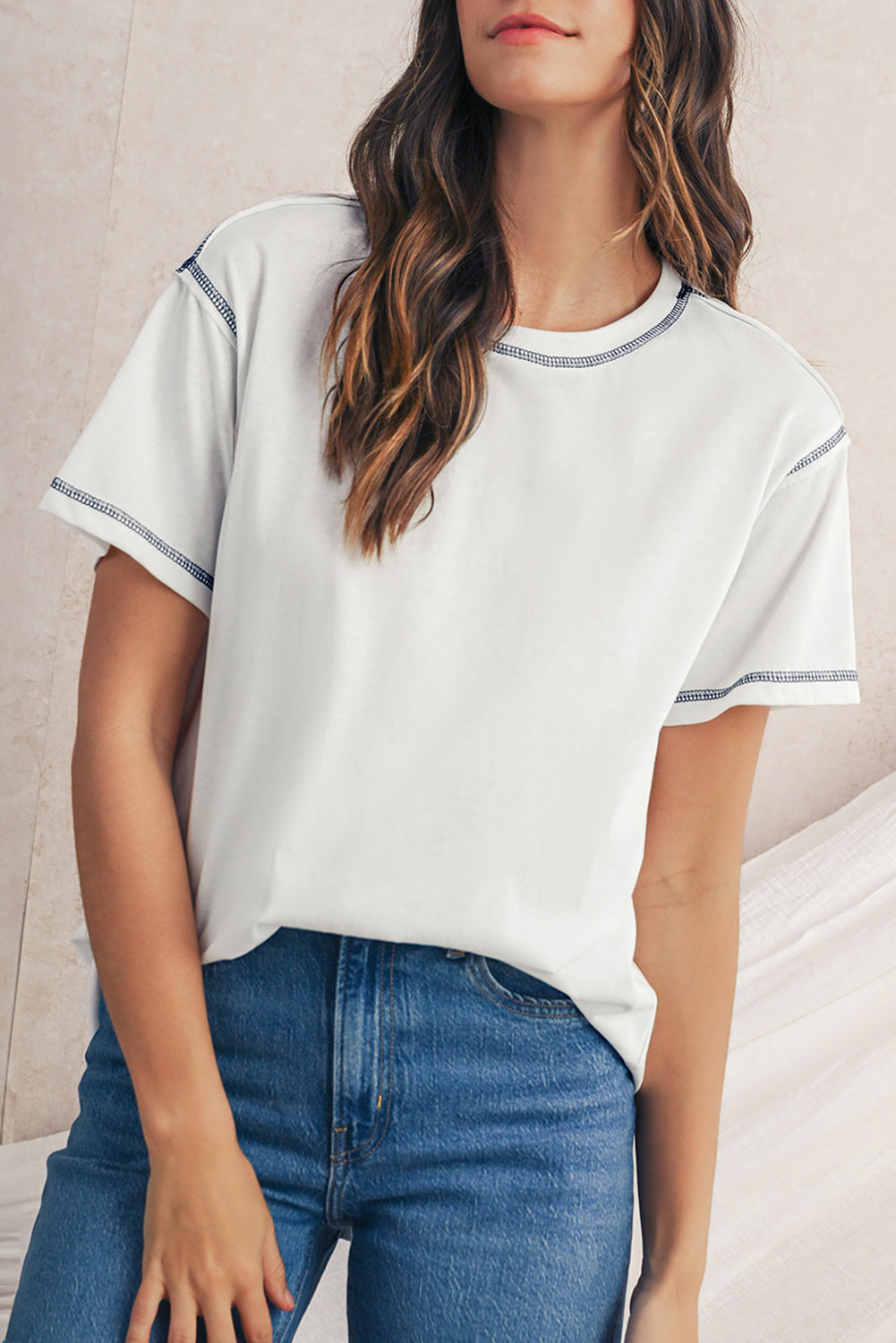 White Loose Casual Stitching Seam T-Shirt