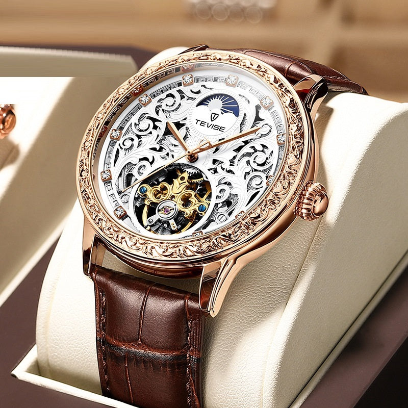 Hanetes Select RoseClassic – Herren-Automatik-Uhr in Roségold mit Lederarmband & Sichtmechanik