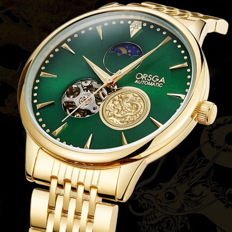 Hanetes Select Emerald Gold – Herren Luxus-Business-Uhr mit grünem Zifferblatt & goldenem Edelstahlarmband