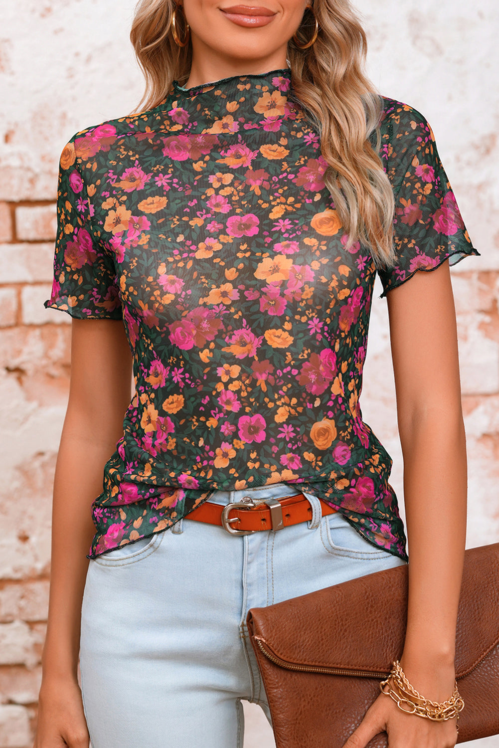 Rose Flower Mesh Stand Neck Short Sleeve Blouse