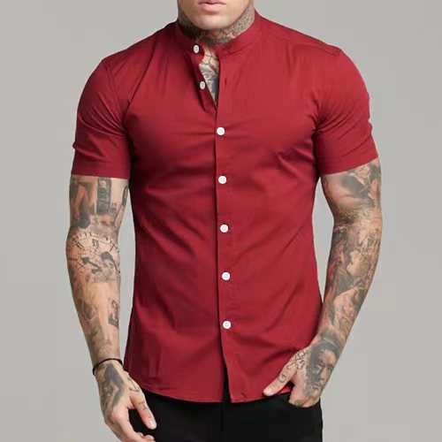 Herren Stehkragenhemd – Rot, Modern & Elegant | Kurzarm & Bügelfrei für Alltag & Business