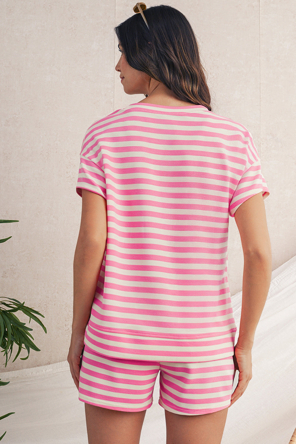 Rose Stripe Crew Neck T Shirt and Drawstring Shorts Set